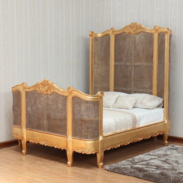 French Carved Rattan Bed with High Headboard B001